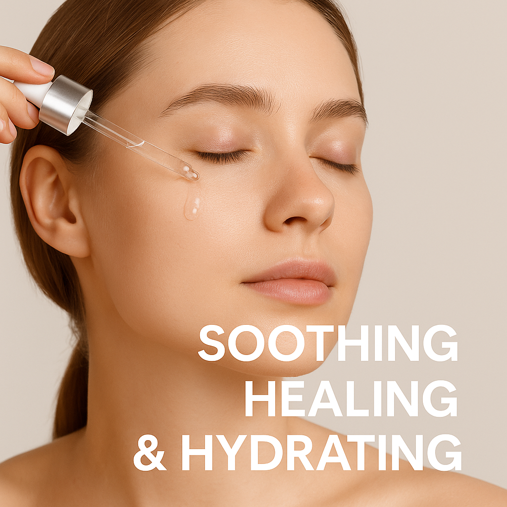 Young woman applying Ampoule 100 Aloe Vera serum with a dropper to her face. Text highlighting the product’s benefits: Soothing, Healing, & Hydrating.