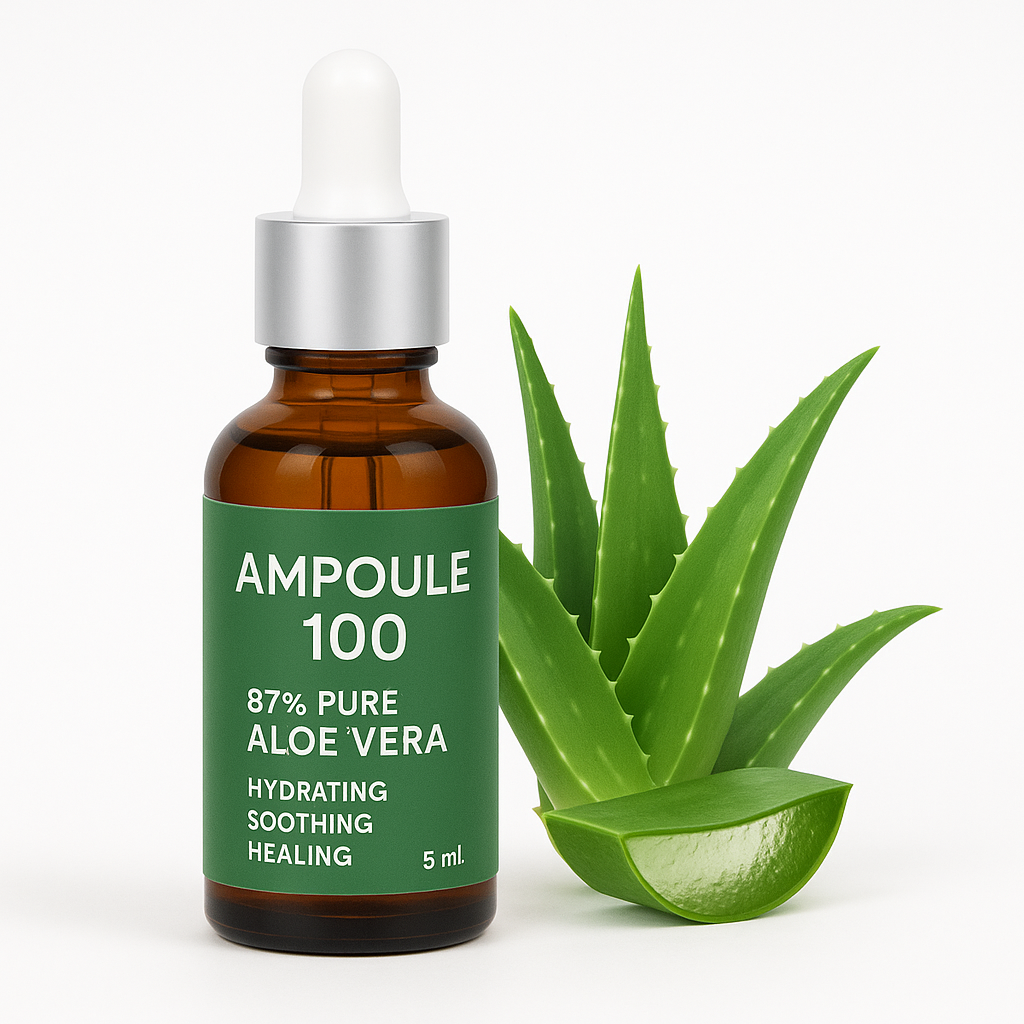 Ampoule 100 bottle with aloe vera leaves 