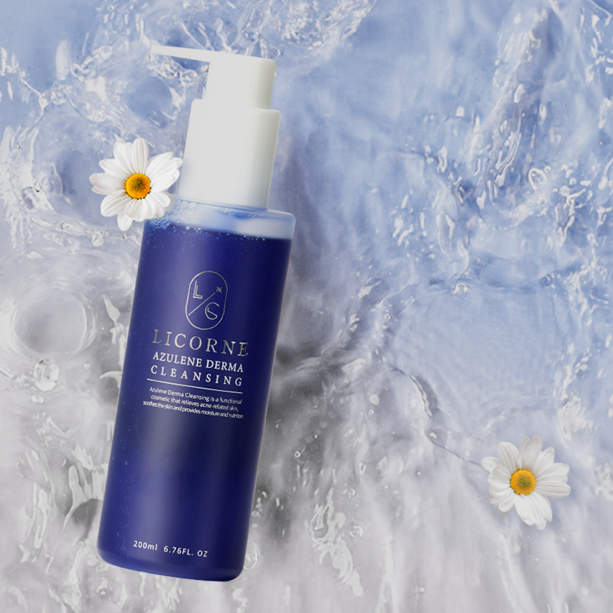 Blue bottle of Licorne Azulene Derma Cleansing on a water background with flowers.