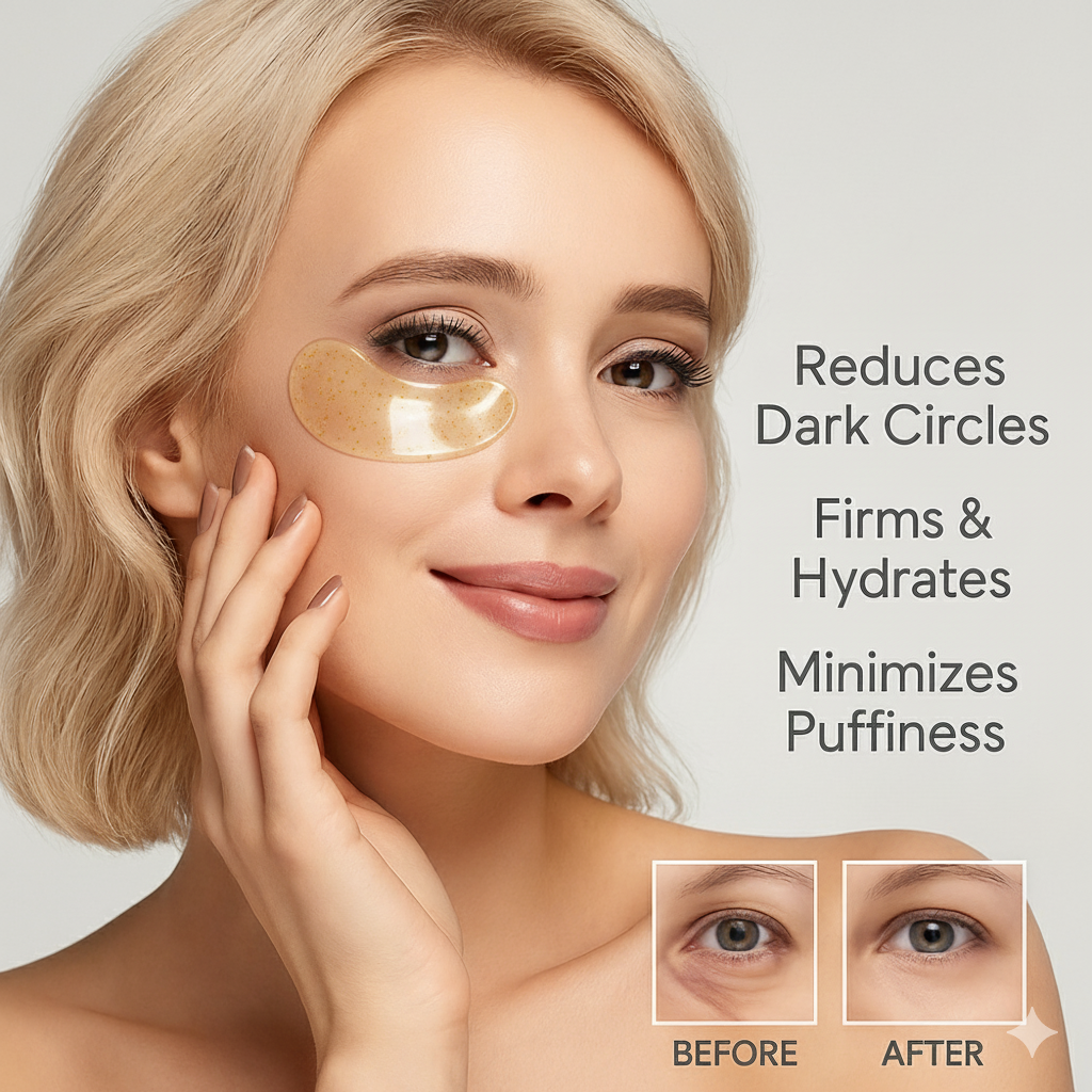 Woman applying eye patches with text highlighting benefits on a light gray background