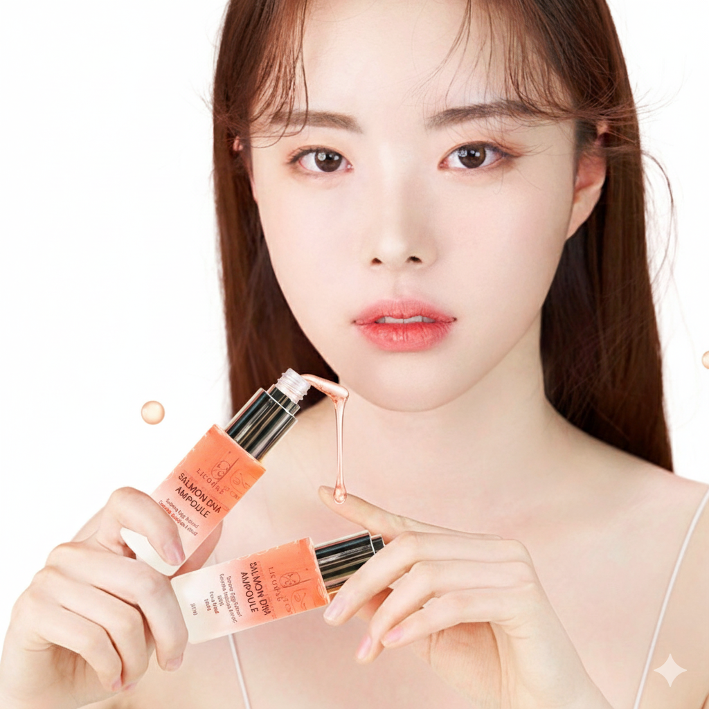 Woman holding skincare products with a plain background
