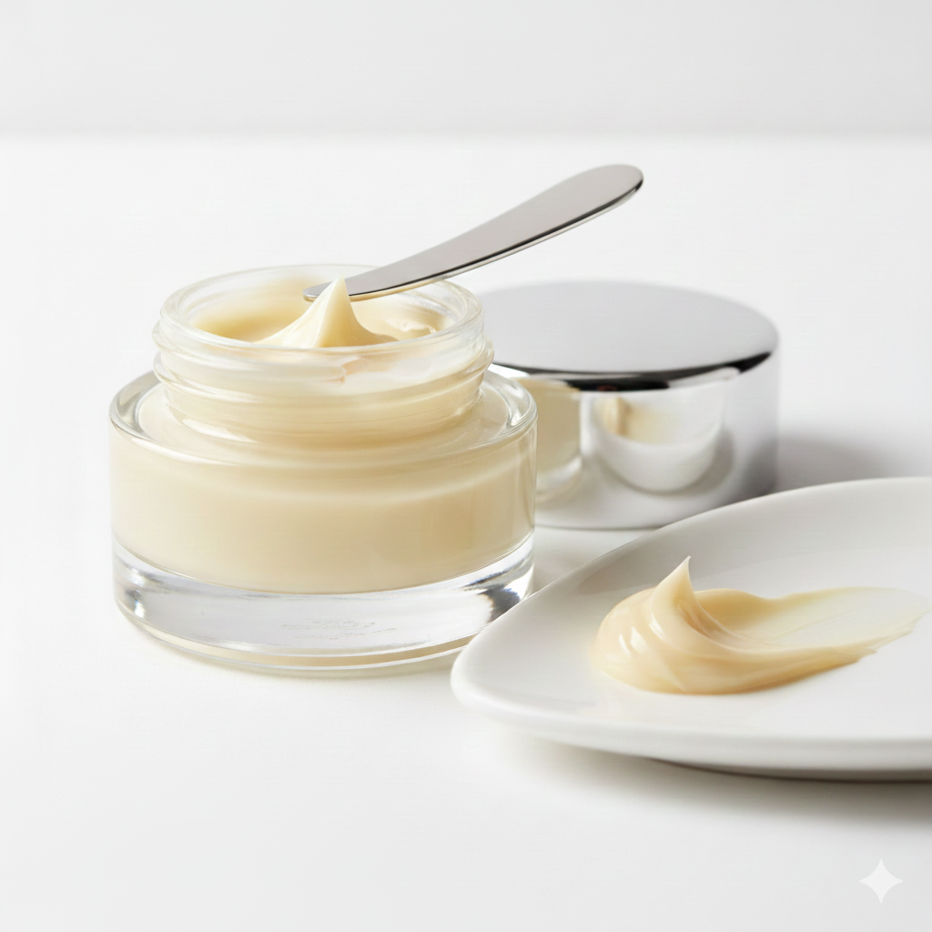 Jar of cream with a spoon on a white background