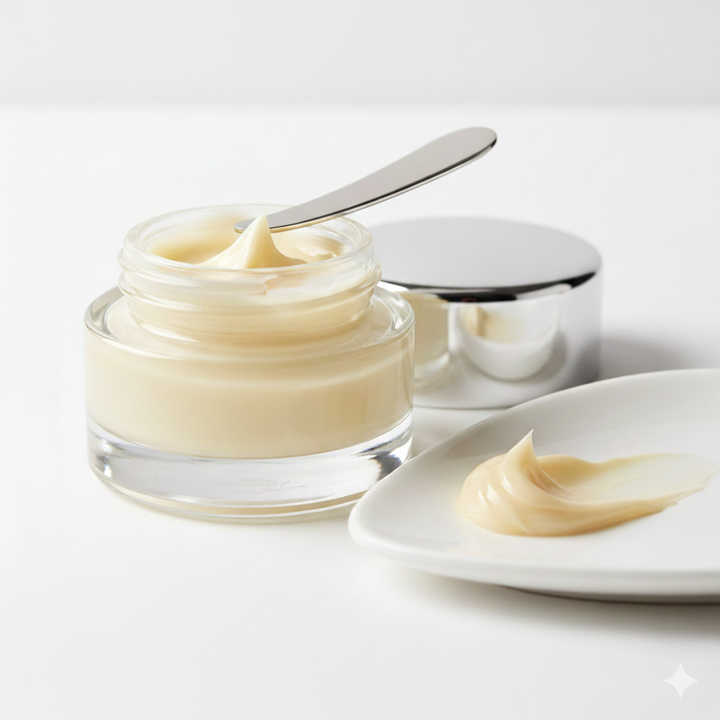 Jar of cream with a spoon on a white background