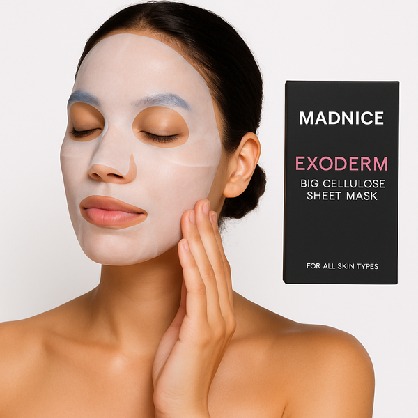 Madnice Exoderm Bio Cellulose Sheet Mask - 30g for all skin types, featuring biodegradable coconut fiber mask and packaging. Can be worn up to 1 hour for powerful healing