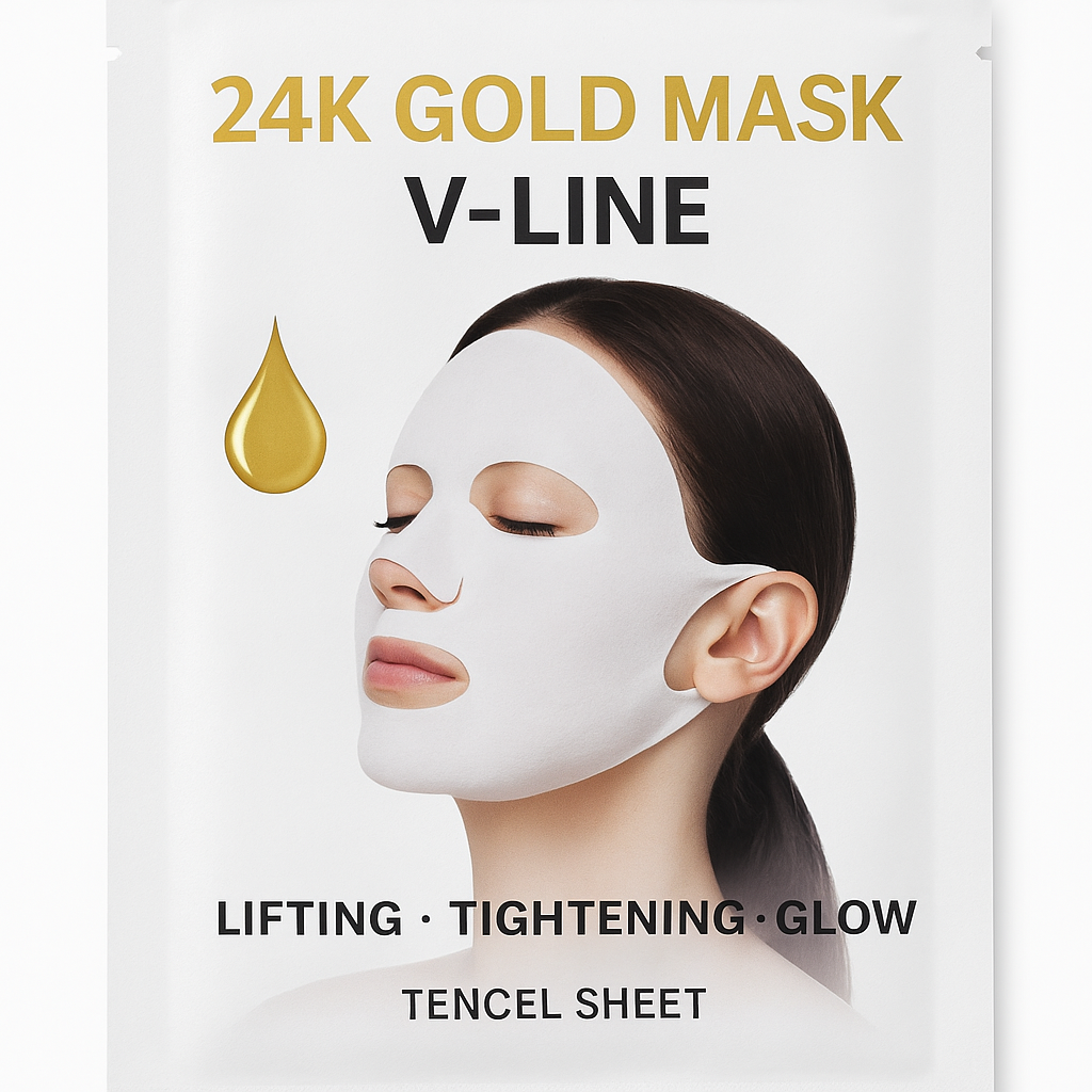 24K Gold Mask V-Line packaging with a woman wearing the mask on a white background