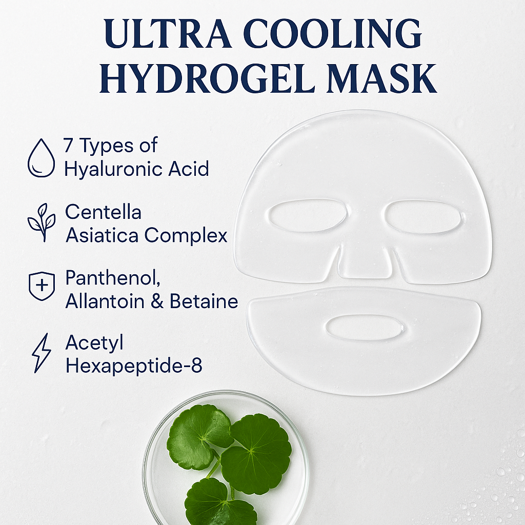 Ultra cooling hydrogel mask with ingredients listed on a white background