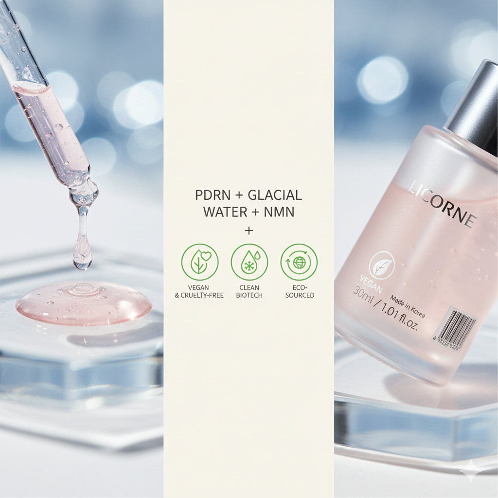 Skincare product with dropper and L'ICORNE branding on a blurred background