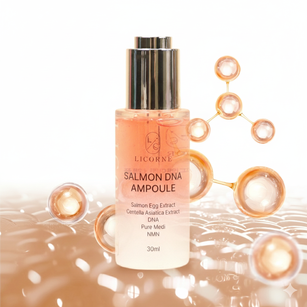 Salmon DNA Ampoule bottle with molecular structure illustration on a beige background