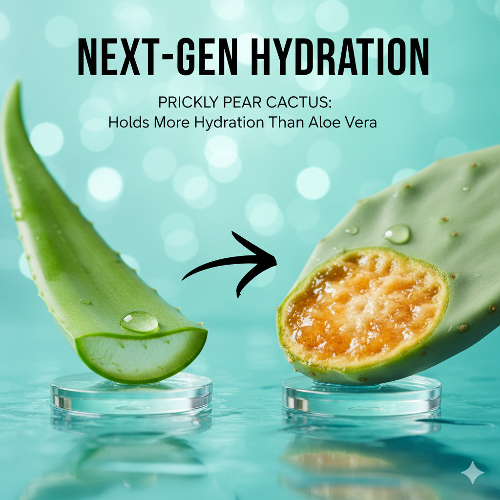 Prickly pear cactus and aloe vera with text about hydration on a blue background