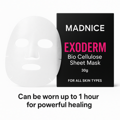 Madnice Exoderm Bio Cellulose Sheet Mask - 30g for all skin types, featuring biodegradable coconut fiber mask and packaging. Can be worn up to 1 hour for powerful healing.