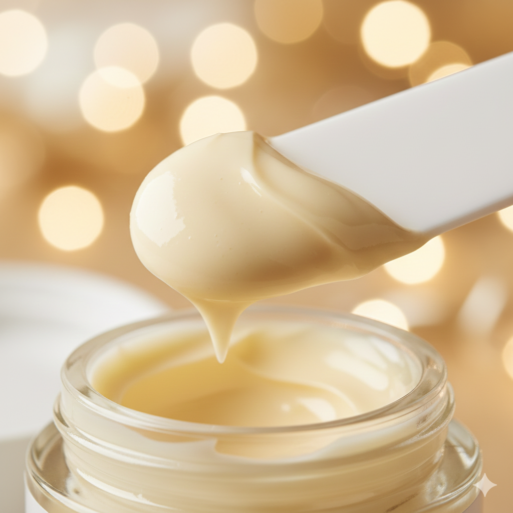 Jar of cream with a spoon lifting some out, blurred lights in the background