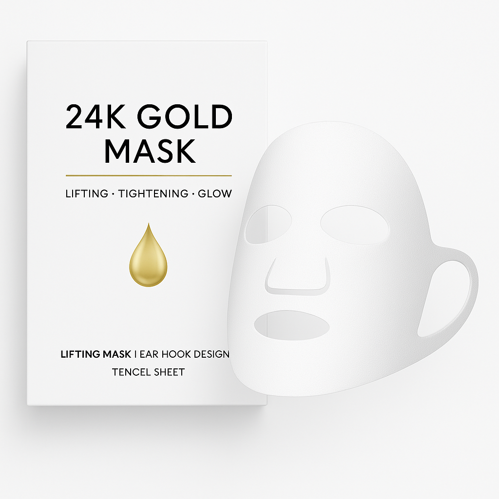 24K Gold Mask packaging with a white mask on a light gray background