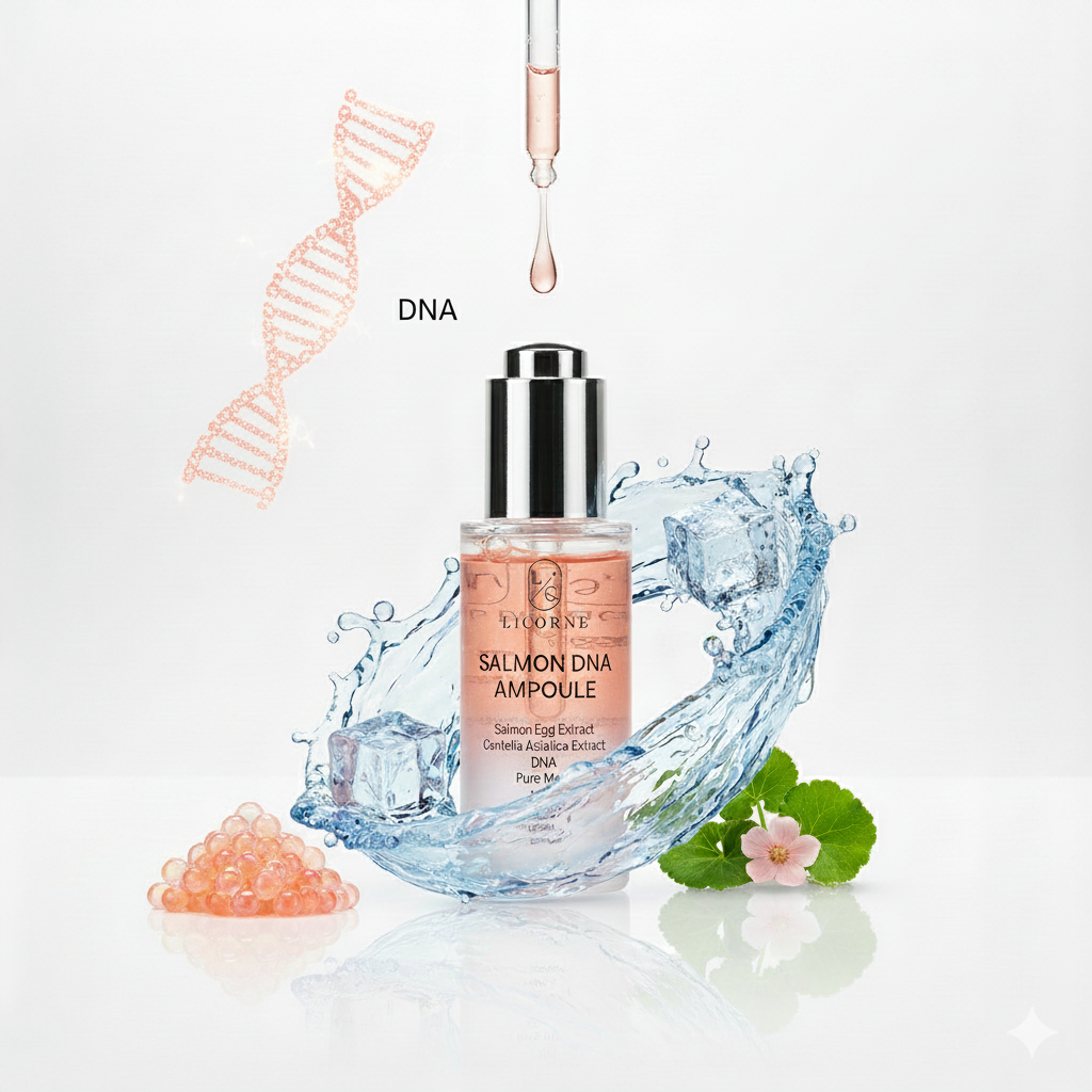 Salmon DNA ampoule with water splash and DNA strands on a white background