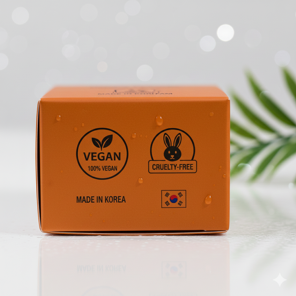 Orange box with vegan and cruelty-free logos on a light background