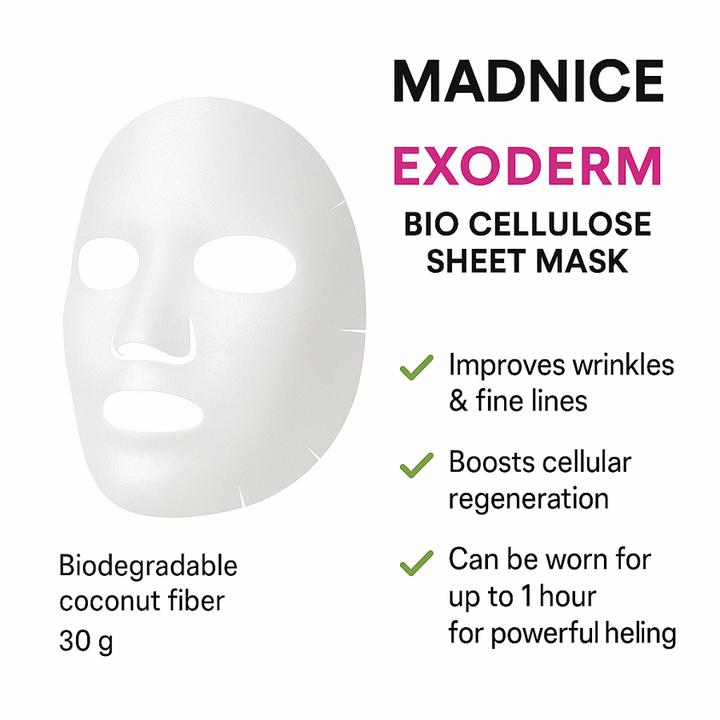 Madnice Exoderm Bio Cellulose Sheet Mask - 30g for all skin types, featuring biodegradable coconut fiber mask and packaging. Can be worn up to 1 hour for powerful healing