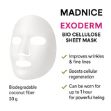 Madnice Exoderm Bio Cellulose Sheet Mask - 30g for all skin types, featuring biodegradable coconut fiber mask and packaging. Can be worn up to 1 hour for powerful healing