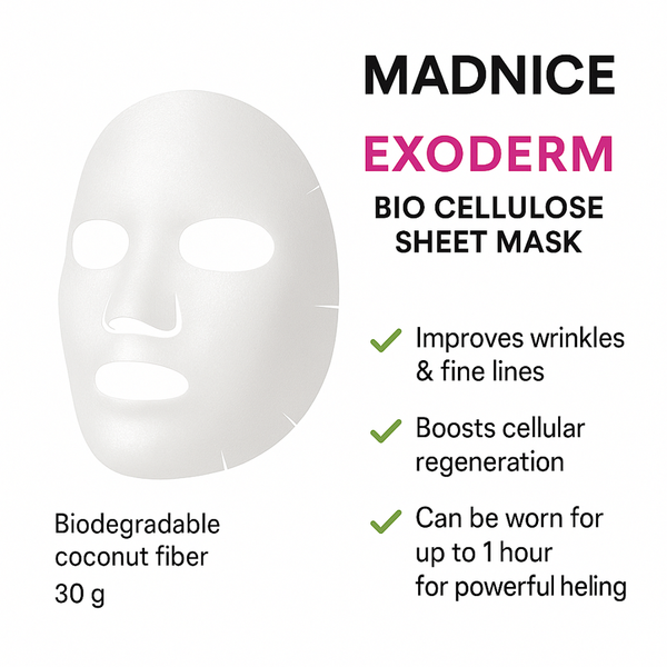 Madnice Exoderm Bio Cellulose Sheet Mask - 30g for all skin types, featuring biodegradable coconut fiber mask and packaging. Can be worn up to 1 hour for powerful healing