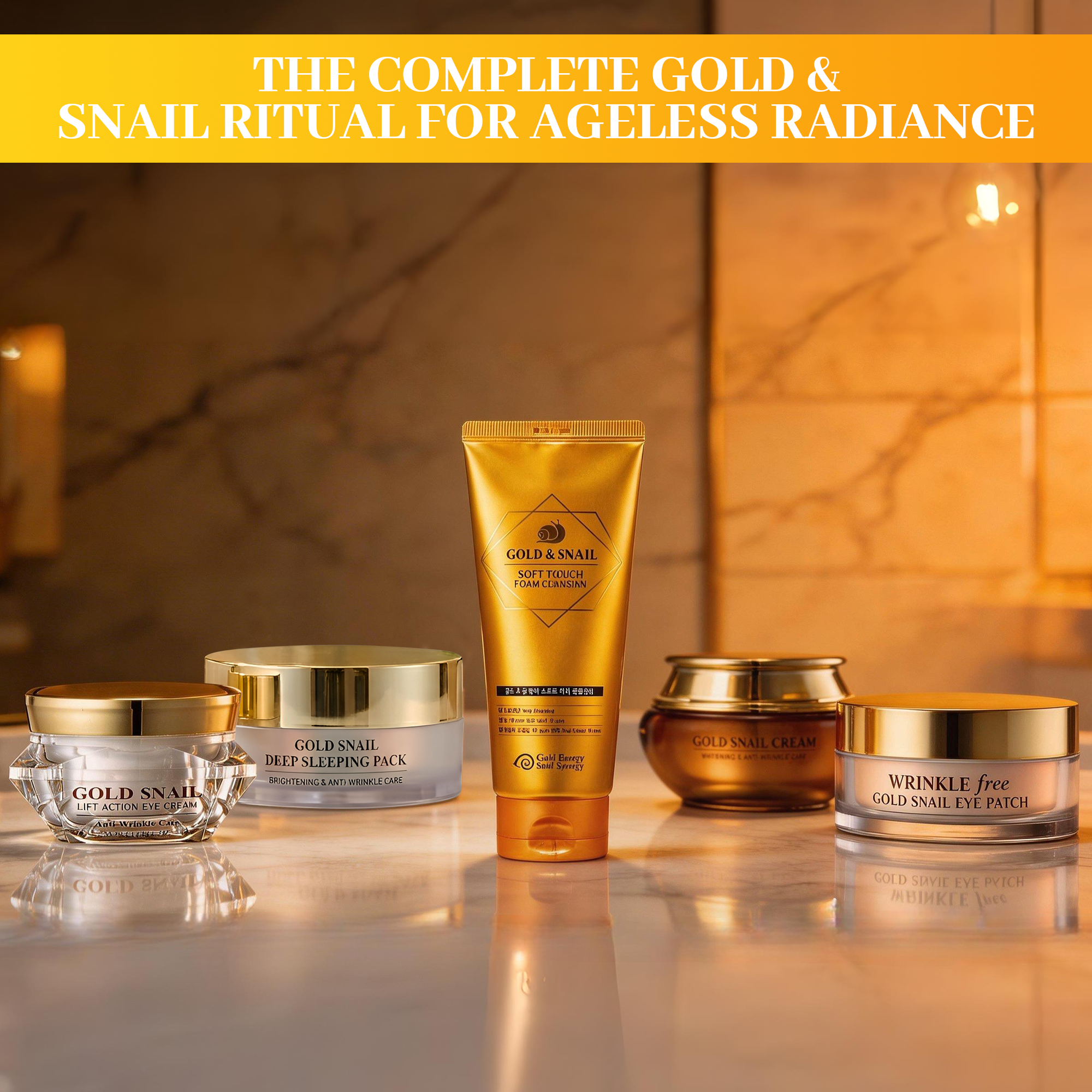 Gold and snail skincare products on a reflective surface with a warm background