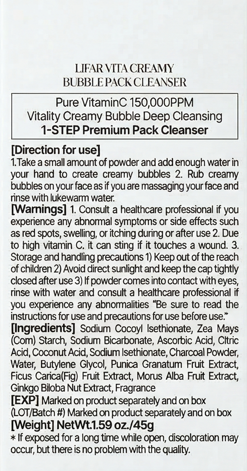 Product label for Lifar Vita Creamy Bubble Pack Cleanser with directions and ingredients listed.