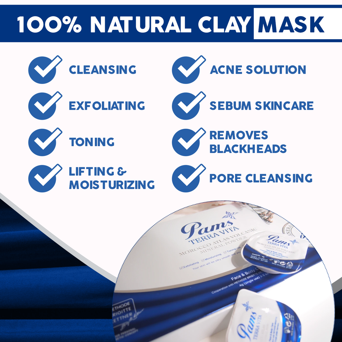 Pams Cosmetic - 100% Natural Clay Mask. One ingredient natural clay mask, cleanses, tones, exfoliates, detoxifies and moisturizes.