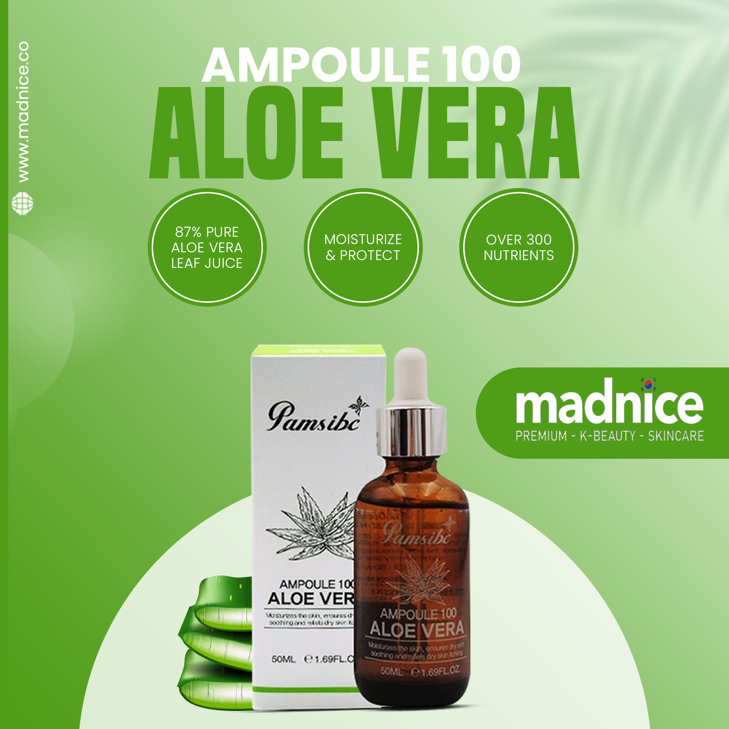 Ampoule 100 Aloe Vera serum with a dropper to her face.  Soothing, Healing, & Hydrating.